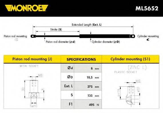MONROE ML5652 Газова пружина, кришка багажника